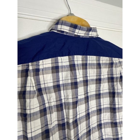 Simon Spurr Mens Double Breasted Button Front Shirt Blue White Brown Plaid Large - Picture 8 of 8